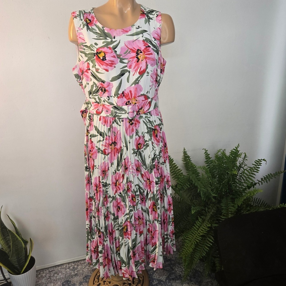 T Tahari Womens Floral Pleated Midi Dress Size 12 Pink Belted Sleeveless